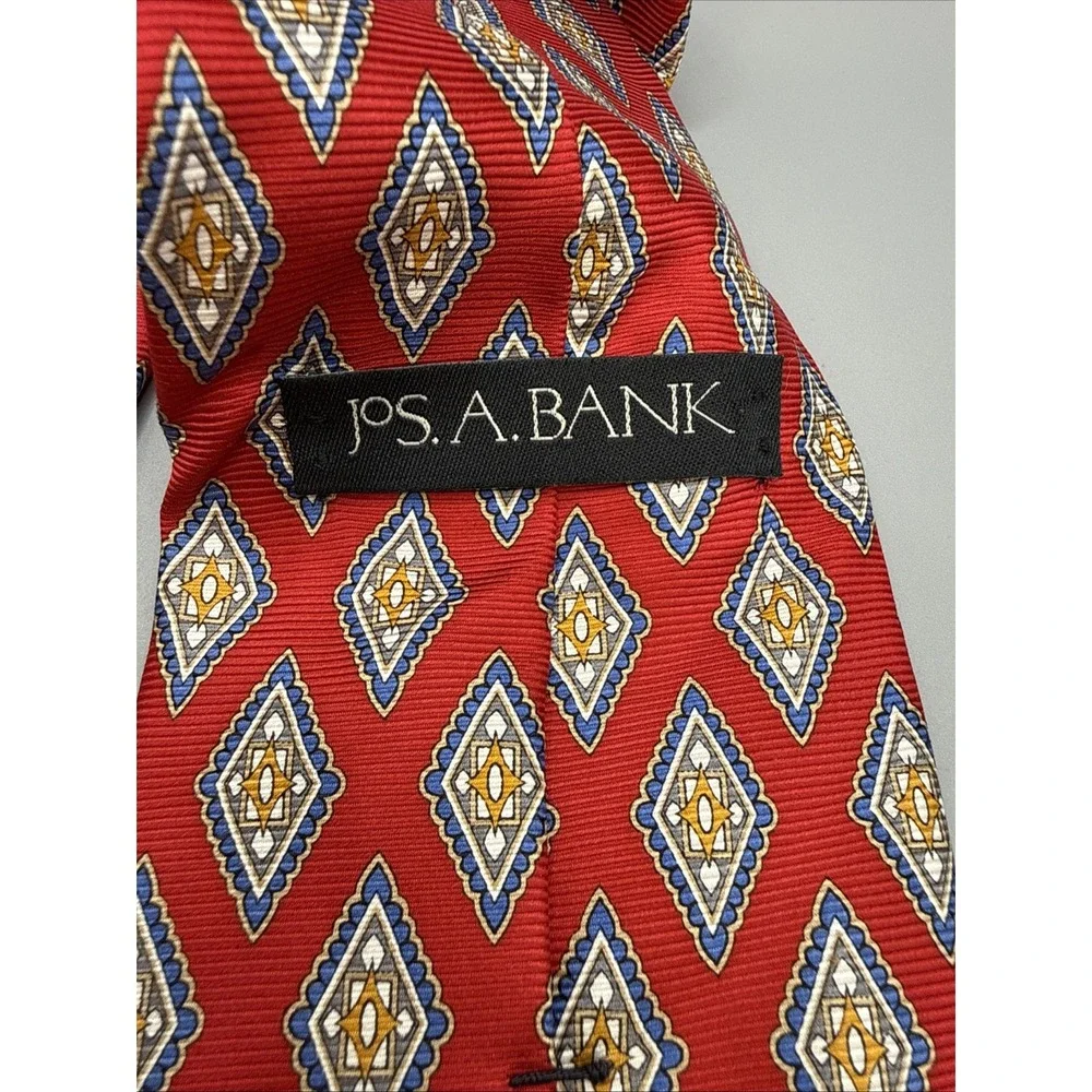 Jos A Bank Red Silk Neck Tie Red Geometric Pattern USA Made